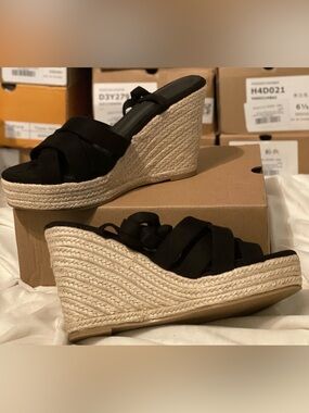 Black Wedge Espadrille Slide Sandals - Women Size 9.5 Tie-Up NIB